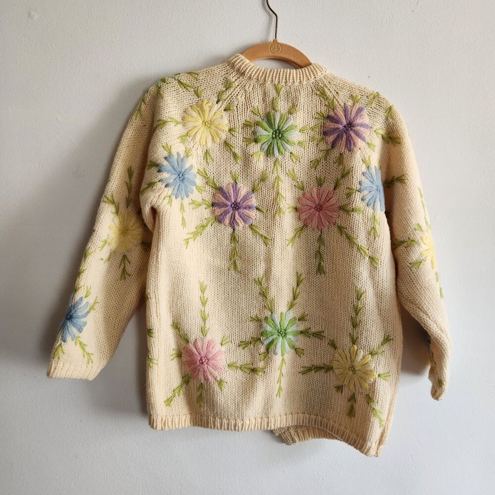 Vintage Ri*u Floral hand loomed 100% virgin wool Size M cardigan granny layers - Picture 5 of 7